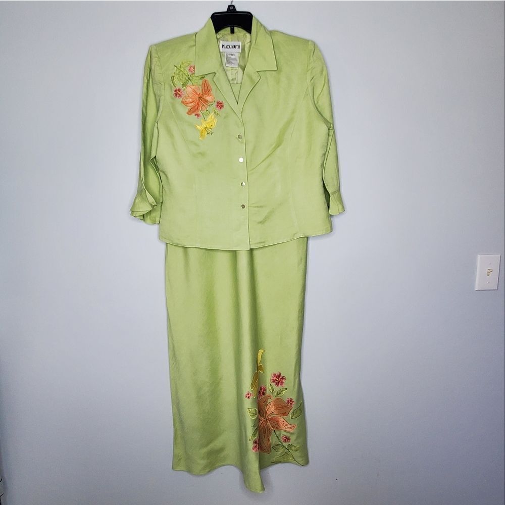 Plaza South 16 Green Blazer Dress Outfit Set 2004 Millenium Embroidered Flowers